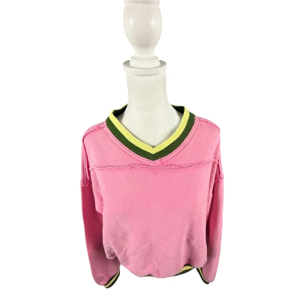 Free People Sweatshirt Womens Medium Pink V-Neck Cropped‎ Striped Trim Boxy Top